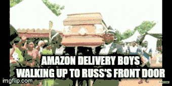 Amazon delivery boys walking up to Russ's front door